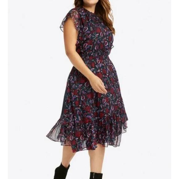 Draper James Kacey Dress Smocked Waist Faux Wrap Ruffle Flutter Floral Midi - Picture 2 of 13